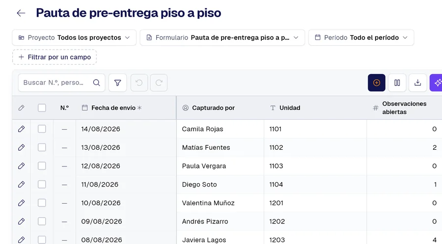 Tabla de registros del formulario «Pauta de pre-entrega piso a piso» en PAIR, con las columnas Unidad, Observaciones abiertas, Piso.