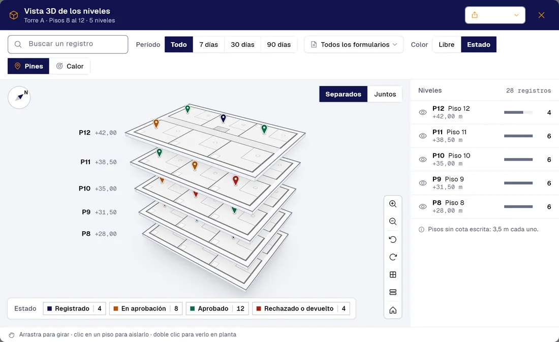 Vista 3D de PAIR de «Torre A · Pisos 8 al 12»: cada piso con su plano y cada registro en su piso, coloreado por estado de aprobación.