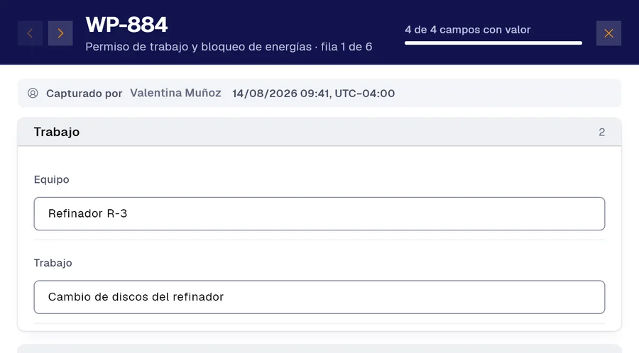 Registro WP-884 del formulario «Permiso de trabajo y bloqueo de energías» en PAIR. Equipo: Refinador R-3; Trabajo: Cambio de discos del refinador.