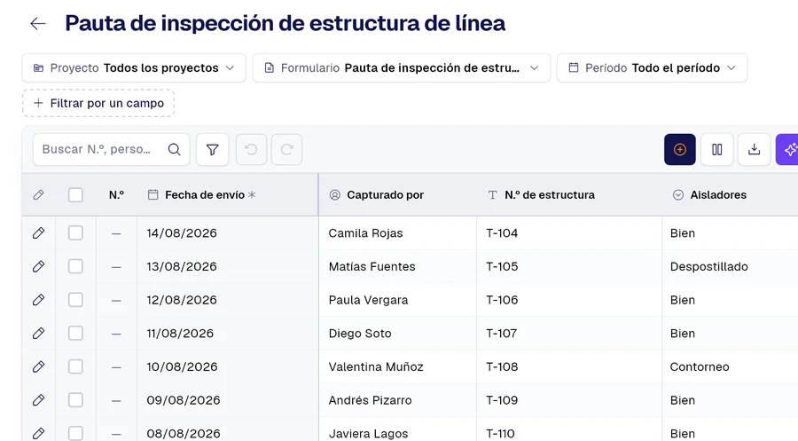 Tabla de registros del formulario «Pauta de inspección de estructura de línea» en PAIR, con las columnas N.º de estructura, Aisladores, Herrajes.