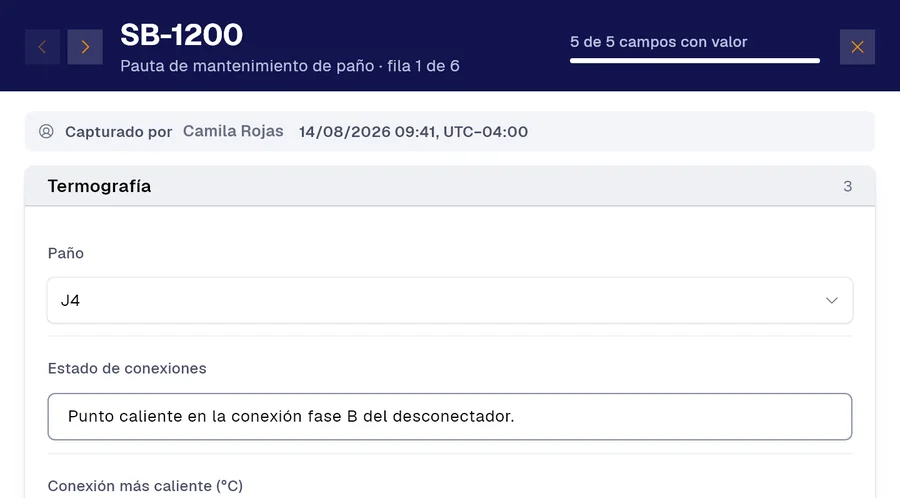 Registro SB-1200 del formulario «Pauta de mantenimiento de paño» en PAIR. Paño: J4; Estado de conexiones: Punto caliente en la conexión fase B del desconectador.