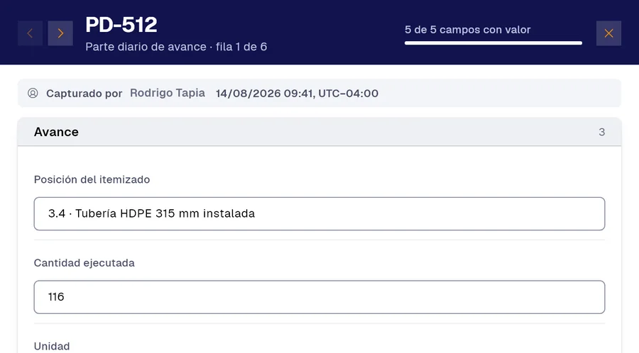 Registro PD-512 del formulario «Parte diario de avance» en PAIR. Posición del itemizado: 3.4 · Tubería HDPE 315 mm instalada; Cantidad ejecutada: 116.