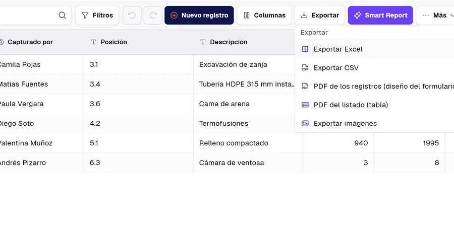 Tabla de registros del formulario «Respaldo de cantidades · agosto» en PAIR, con las columnas Posición, Descripción, Cantidad del período. El menú Exportar está abierto: Excel, CSV y PDF.