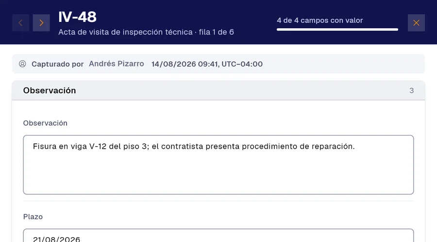 Registro IV-48 del formulario «Acta de visita de inspección técnica» en PAIR. Observación: Fisura en viga V-12 del piso 3; el contratista presenta procedimiento de reparación; Plazo: 21/08/2026.