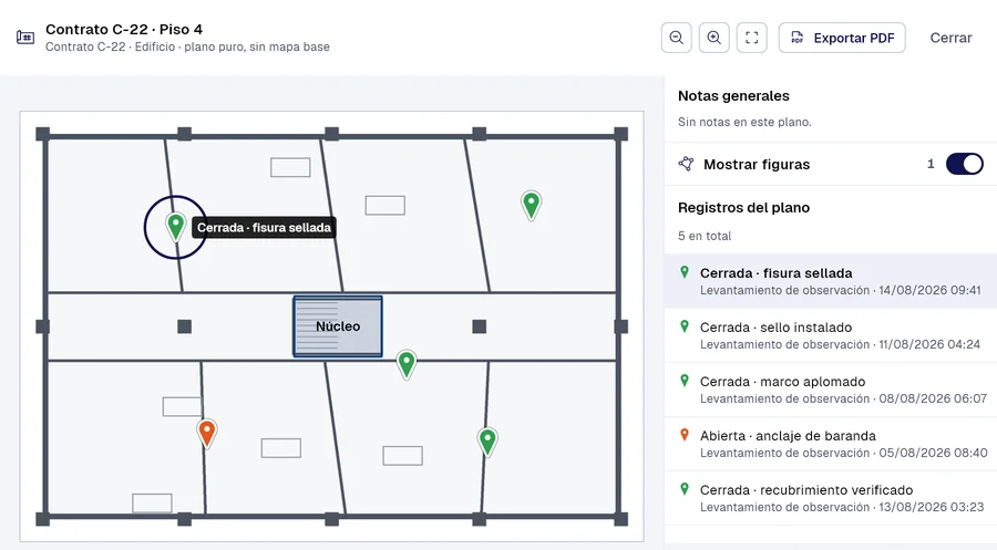 Visor de planos de PAIR: «Contrato C-22 · Piso 4» (Contrato C-22 · Edificio) con 5 registros ubicados sobre el plano, con «Cerrada · fisura sellada» seleccionado.