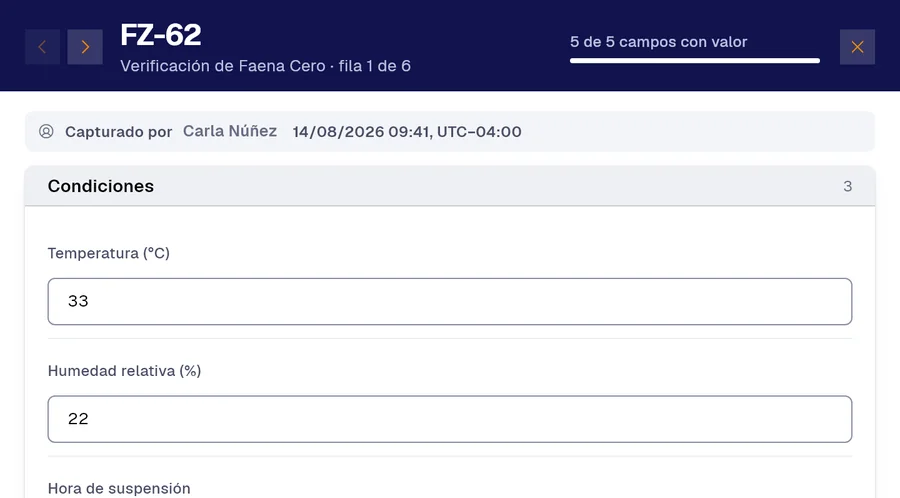 Registro FZ-62 del formulario «Verificación de Faena Cero» en PAIR. Temperatura (°C): 33; Humedad relativa (%): 22.