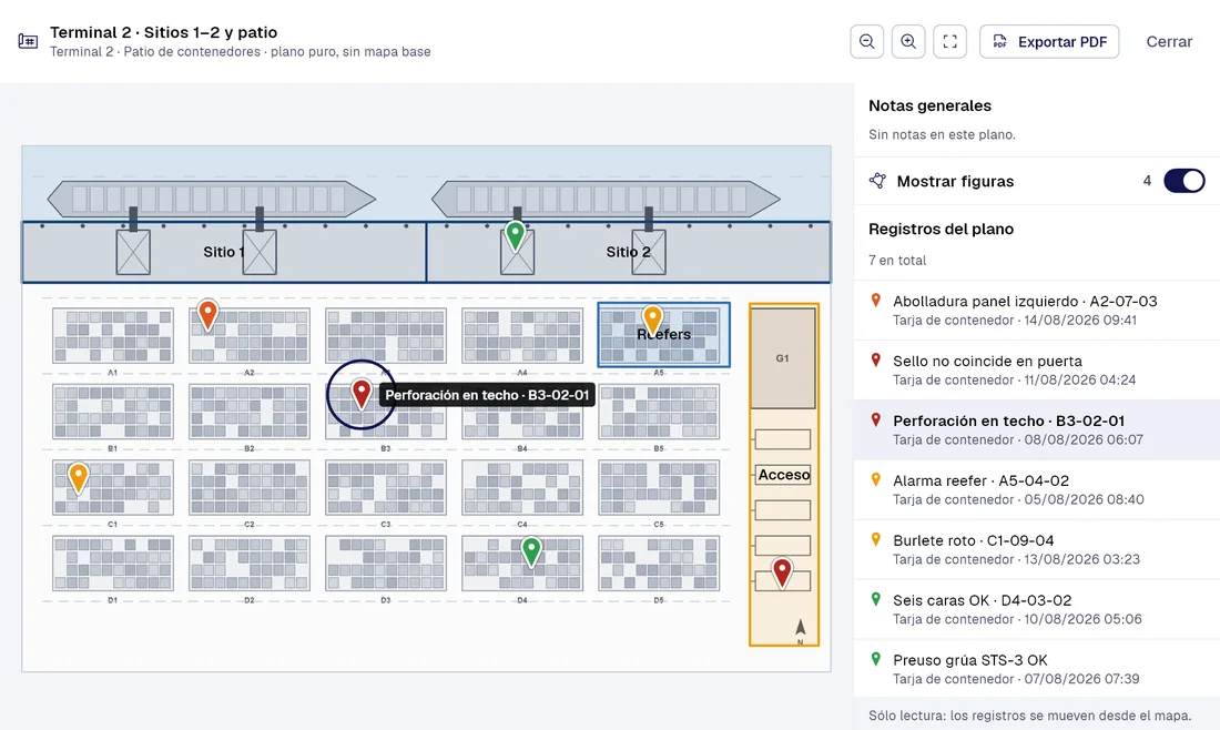 Visor de planos de PAIR: «Terminal 2 · Sitios 1 a 2 y patio» (Terminal 2 · Patio de contenedores) con 7 registros ubicados sobre el plano, con «Perforación en techo · B3-02-01» seleccionado.