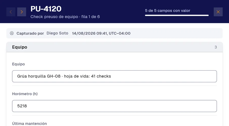 Registro PU-4120 del formulario «Check preuso de equipo» en PAIR. Equipo: Grúa horquilla GH-08 · hoja de vida: 41 checks; Horómetro (h): 5218.