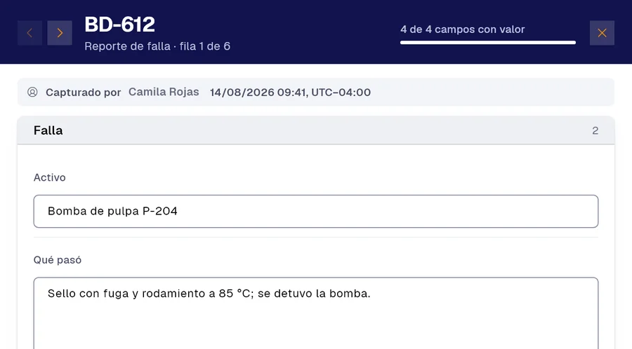 Registro BD-612 del formulario «Reporte de falla» en PAIR. Activo: Bomba de pulpa P-204; Qué pasó: Sello con fuga y rodamiento a 85 °C; se detuvo la bomba.