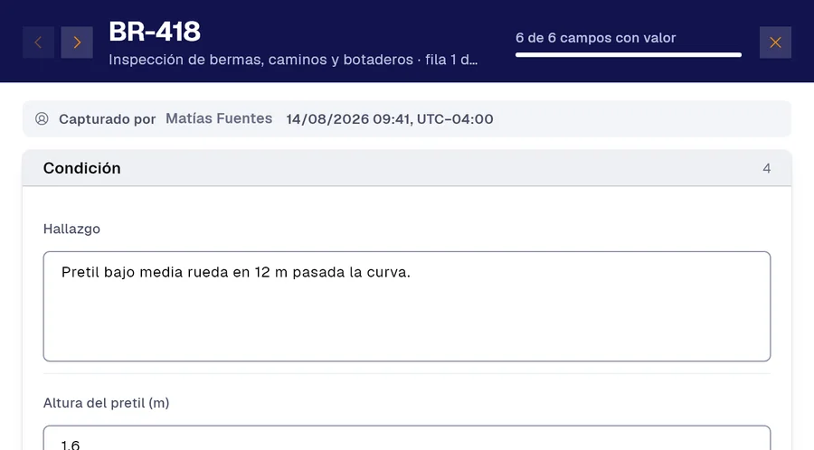 Registro BR-418 del formulario «Inspección de bermas, caminos y botaderos» en PAIR. Hallazgo: Pretil bajo media rueda en 12 m pasada la curva; Altura del pretil (m): 1,6.