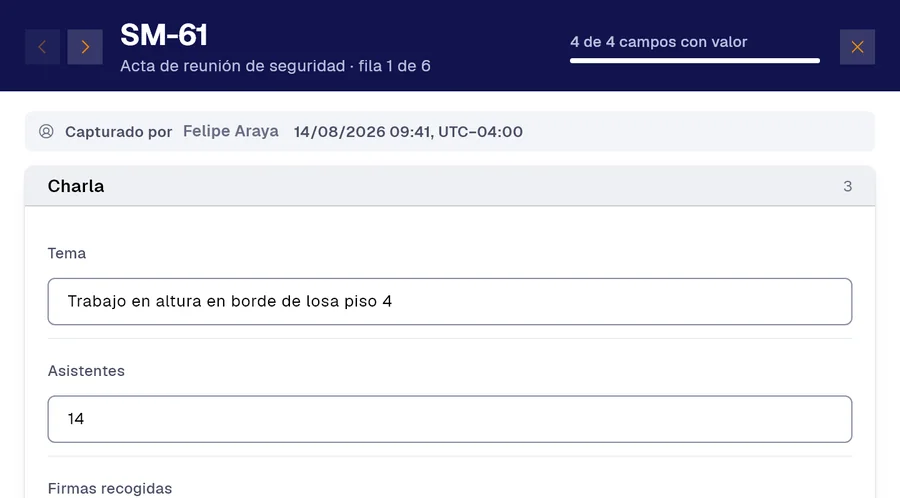 Registro SM-61 del formulario «Acta de reunión de seguridad» en PAIR. Tema: Trabajo en altura en borde de losa piso 4; Asistentes: 14.