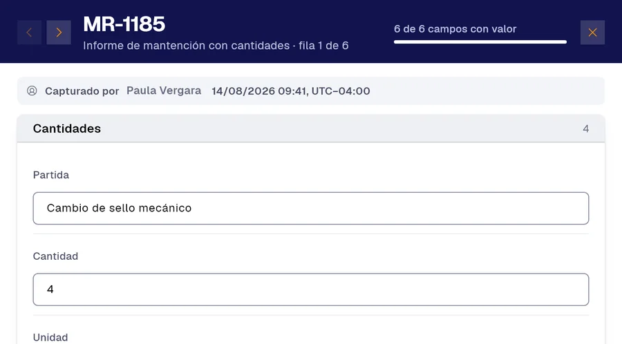 Registro MR-1185 del formulario «Informe de mantención con cantidades» en PAIR. Partida: Cambio de sello mecánico; Cantidad: 4.