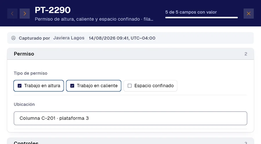 Registro PT-2290 del formulario «Permiso de altura, caliente y espacio confinado» en PAIR. Tipo de permiso: Trabajo en altura, Trabajo en caliente; Ubicación: Columna C-201 · plataforma 3.