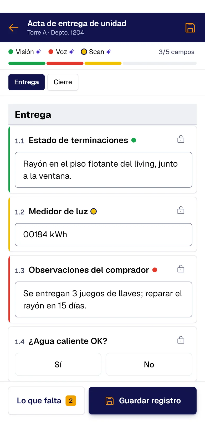 Formulario «Acta de entrega de unidad» en el teléfono: Estado de terminaciones llenado con PAIR Vision, Medidor de luz con PAIR Scan y Observaciones del comprador con PAIR Voice, cada uno con su punto de color.