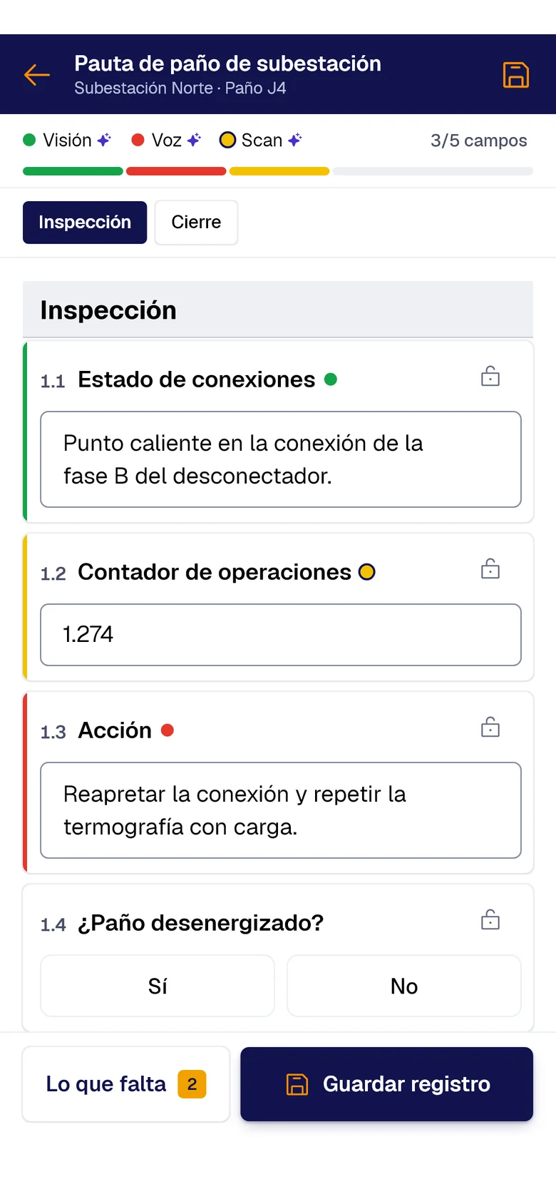 Formulario «Pauta de paño de subestación» en el teléfono: Estado de conexiones llenado con PAIR Vision, Contador de operaciones con PAIR Scan y Acción con PAIR Voice, cada uno con su punto de color.