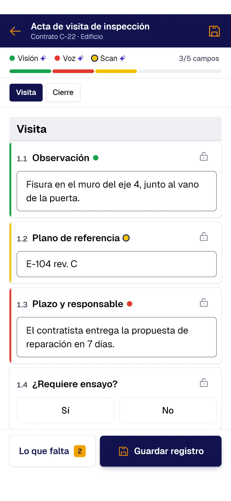 Formulario «Acta de visita de inspección» en el teléfono: Observación llenado con PAIR Vision, Plano de referencia con PAIR Scan y Plazo y responsable con PAIR Voice, cada uno con su punto de color.