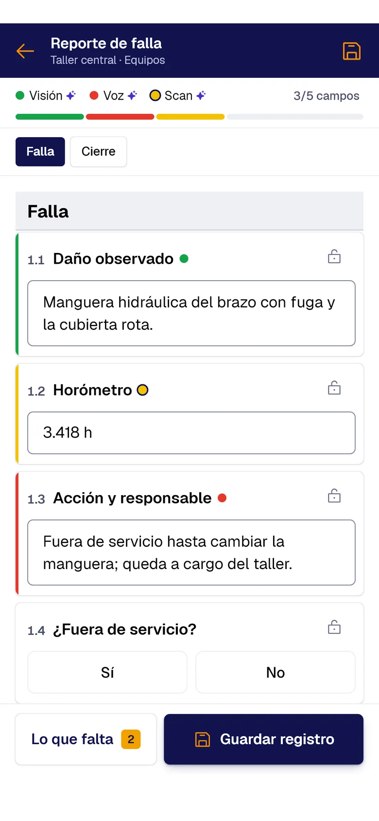 Formulario «Reporte de falla» en el teléfono: Daño observado llenado con PAIR Vision, Horómetro con PAIR Scan y Acción y responsable con PAIR Voice, cada uno con su punto de color.