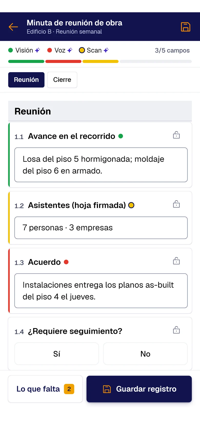 Formulario «Minuta de reunión de obra» en el teléfono: Avance en el recorrido llenado con PAIR Vision, Asistentes (hoja firmada) con PAIR Scan y Acuerdo con PAIR Voice, cada uno con su punto de color.