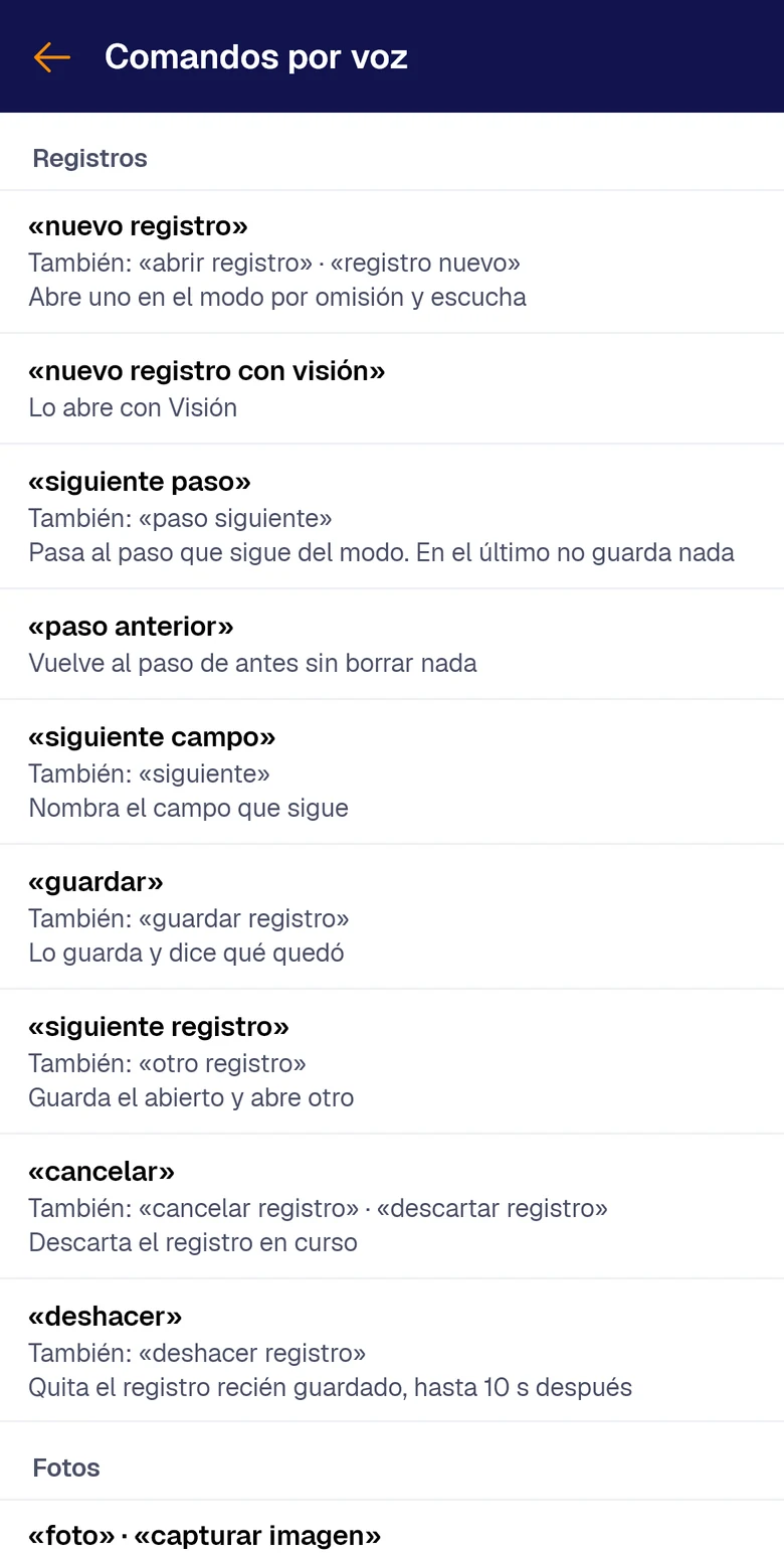 Lista de comandos por voz: nuevo registro, siguiente paso, guardar, cancelar, deshacer y foto